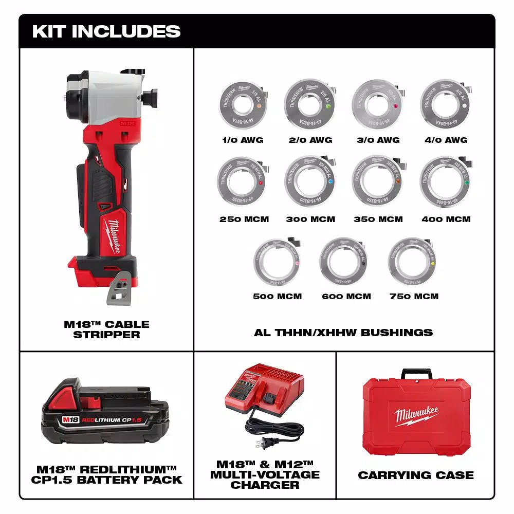 Milwaukee M18 18V Cordless Cable Stripper Kit for Al THHN/XHHW Wire, 11 Bushings, Battery & Charger Included