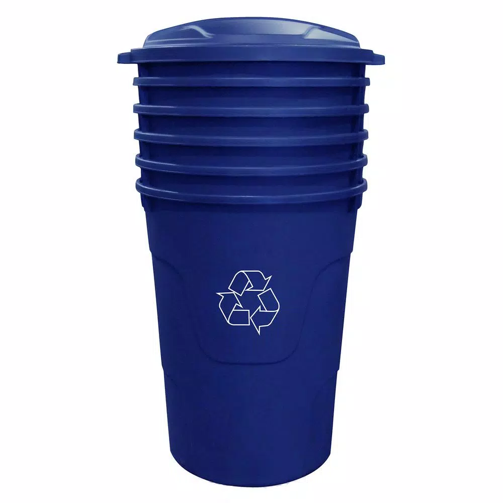 HDX Otto 32 Gal. Blue Round Plastic Recycling Bin with Lid and Recycling Logo
