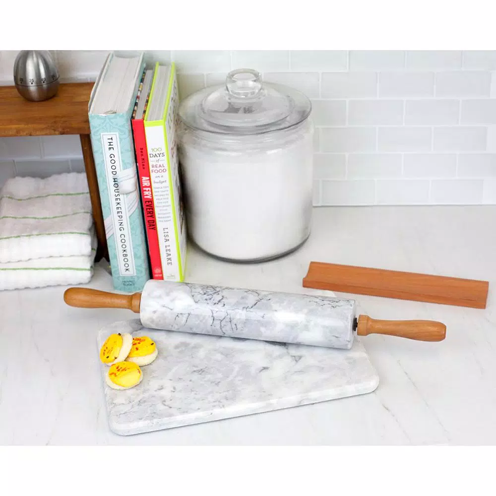 Unbranded White Marble Rolling Pin with Wooden Handles and Rolling Pin Rest