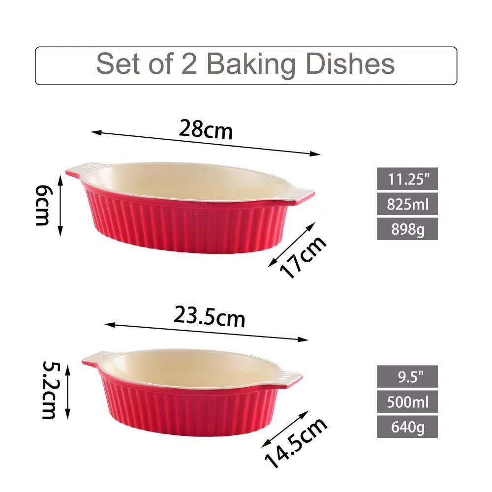 MALACASA Red Oval Porcelain Bakeware Set, 2-Piece Ceramic Baking Dish Pans (9.5 in. and 11.25 in.)