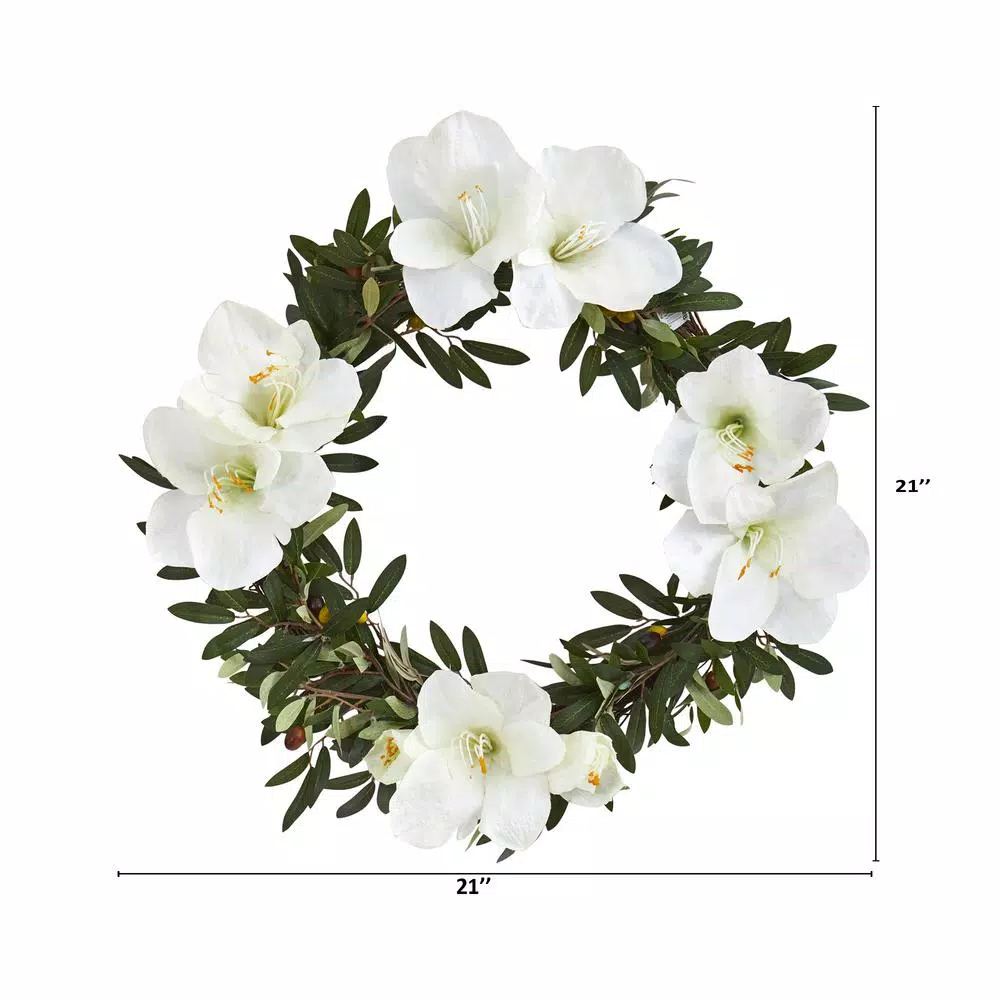 Nearly Natural 21 in. Olive and White Amaryllis Artificial Floral Wreath