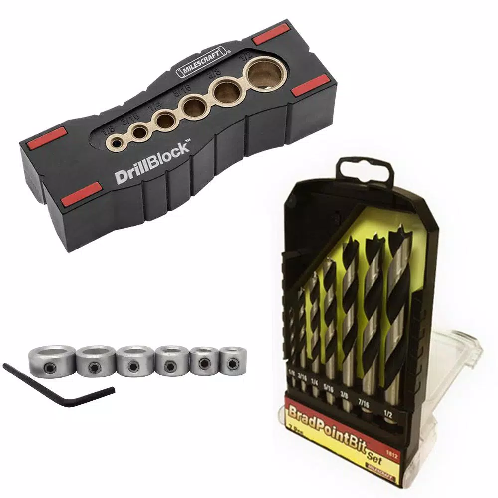Milescraft Precise Drilling Bundle: DrillBlock Guide, Brad Point Bit Set, and Drill Stop Set