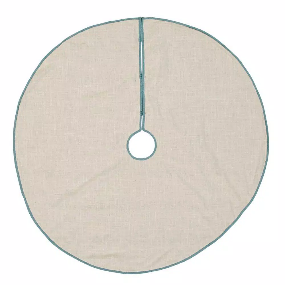 VHC Brands Sanbourne 48 in. Creme White Coastal Christmas Tree Skirt with Turquoise Chambray Trim