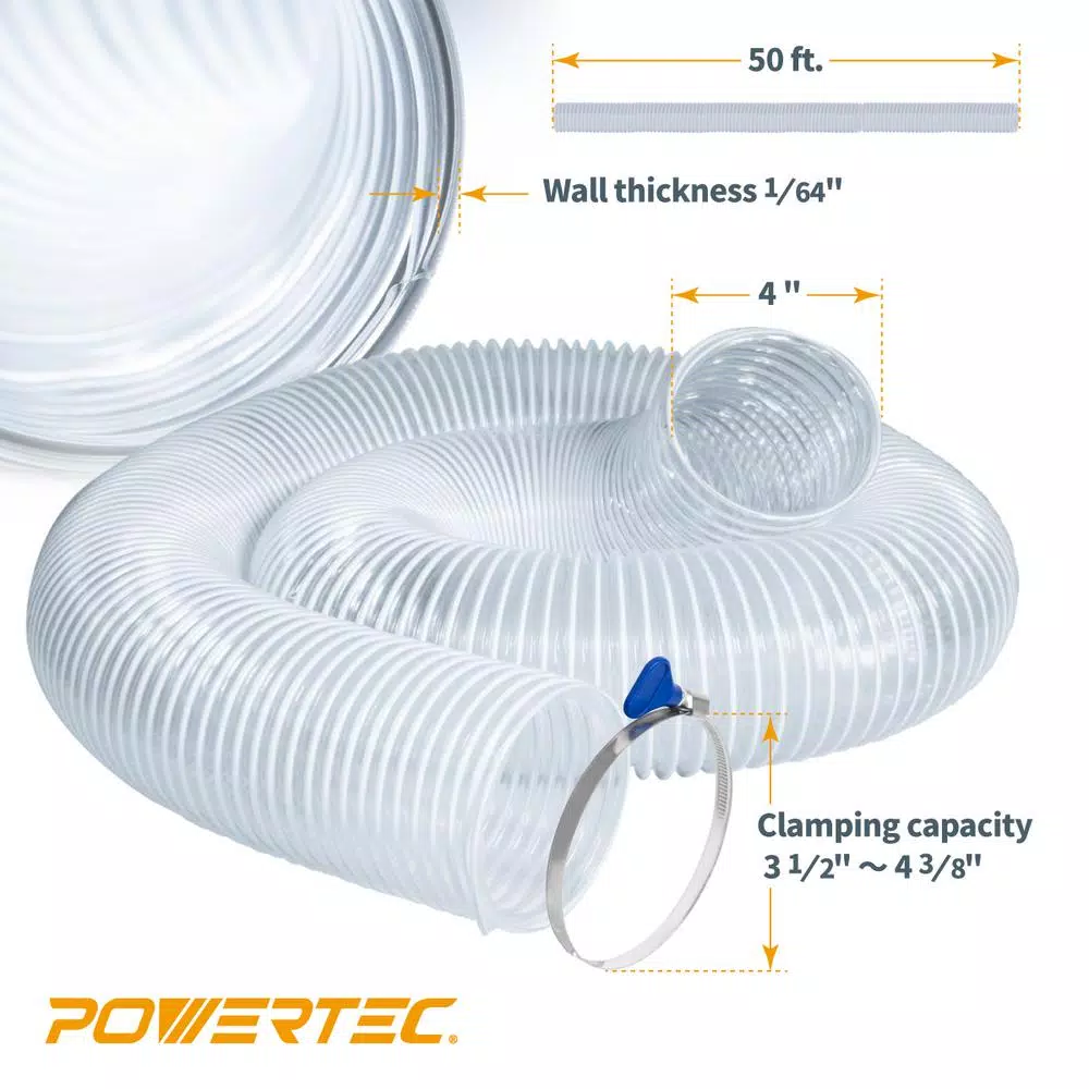 POWERTEC 4 in. x 50 ft. Flexible PVC Dust Collection Hose Kit with 2 Stainless Steel Key Hose Clamps, Clear