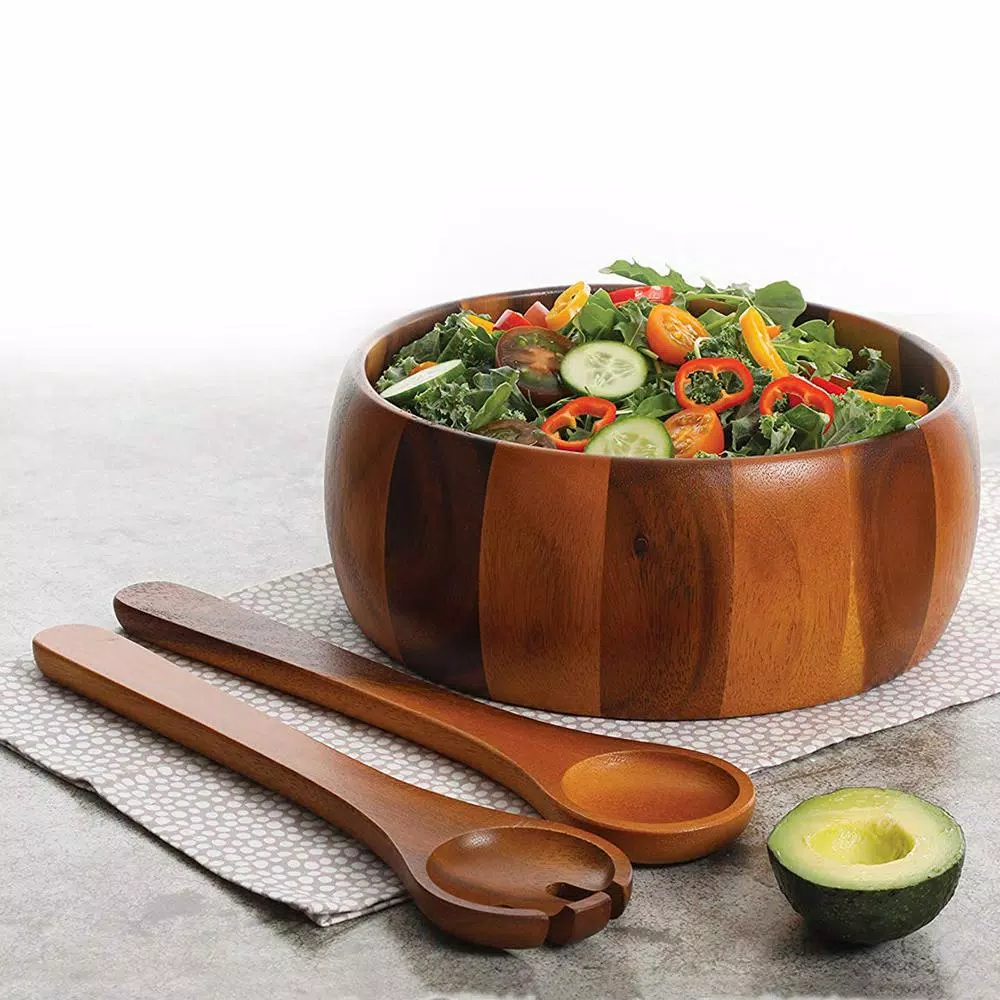 Gibson Home Laroda 3-Piece Acacia Wood Salad Bowl Set with Serving Fork and Spoon
