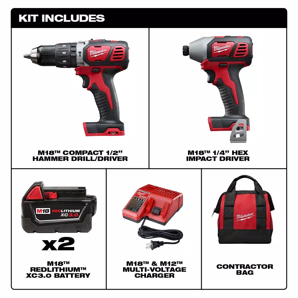 Milwaukee M18 18V Lithium-Ion Cordless Hammer Drill and Impact Driver 2-Tool Combo Kit