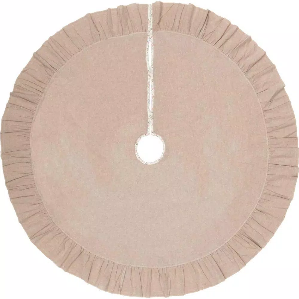 VHC Brands 55 in. Carol Khaki Tan & Winter Floral Ruffled Farmhouse Christmas Tree Skirt