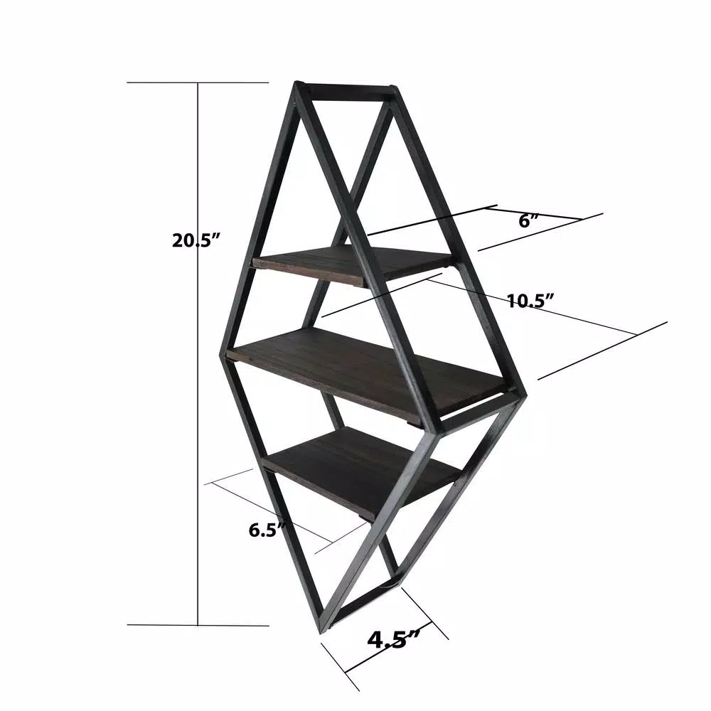 Admired By Nature 3-Tier Metal Diamond Shaped Wall Mounted Display Shelf, Matte Black