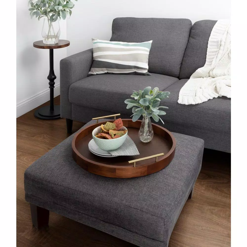 Kate and Laurel Lipton 18 in. Round Walnut Brown Decorative Wood Tray with Metal Handles