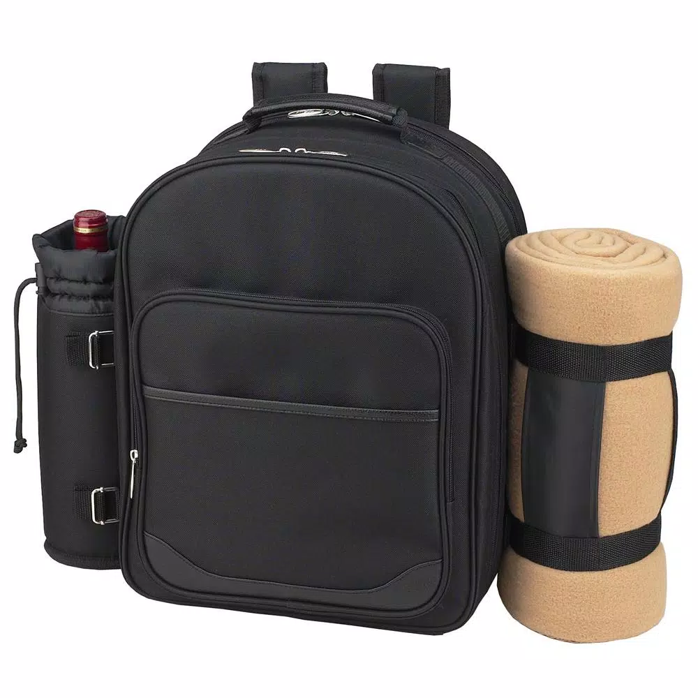 Unbranded Deluxe 2-Person Picnic Backpack with Blanket and 20-Piece Accessory Set - Black/London Plaid