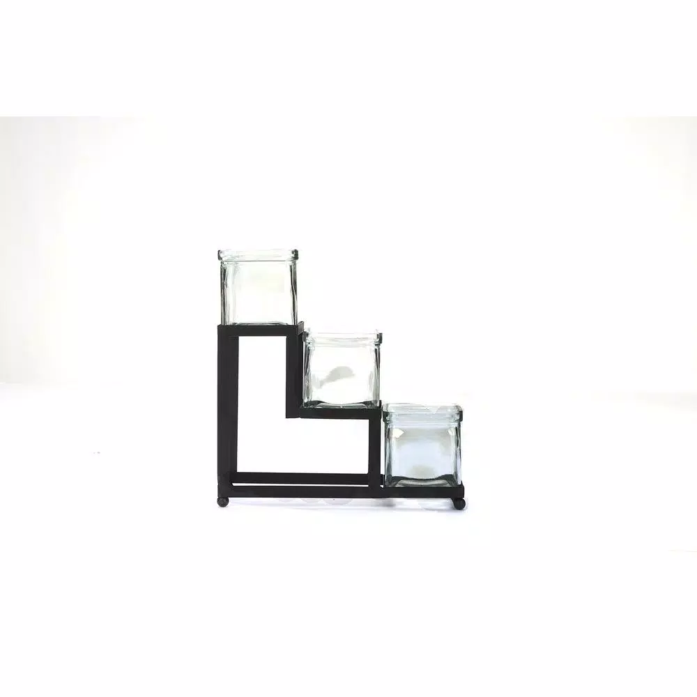 Mind Reader 3-Tier Black Metal Condiment Server with 3 Removable 8 oz. Glass Jars