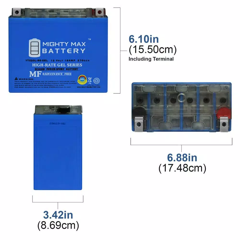 MIGHTY MAX BATTERY Mighty Max YTX20L-BS GEL 12V 18Ah 270 CCA Rechargeable Sealed Lead Acid Powersport Battery
