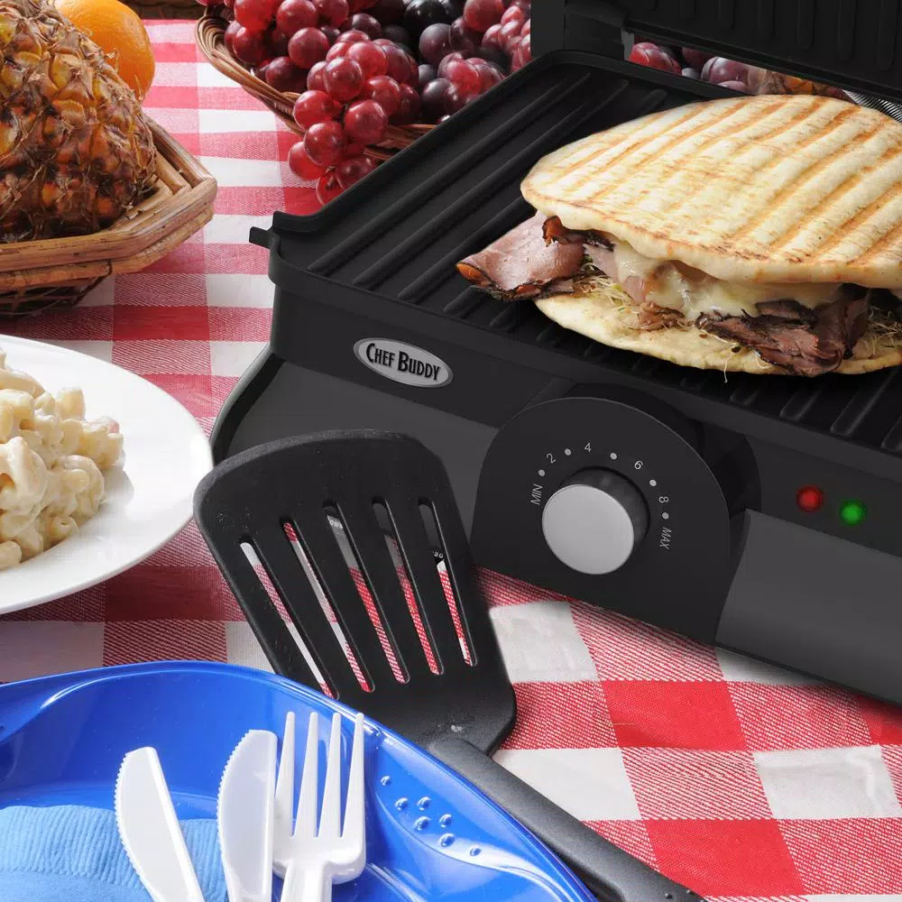 Chef Buddy 1400W Large Non-Stick Panini Press and Countertop Grill, Silver