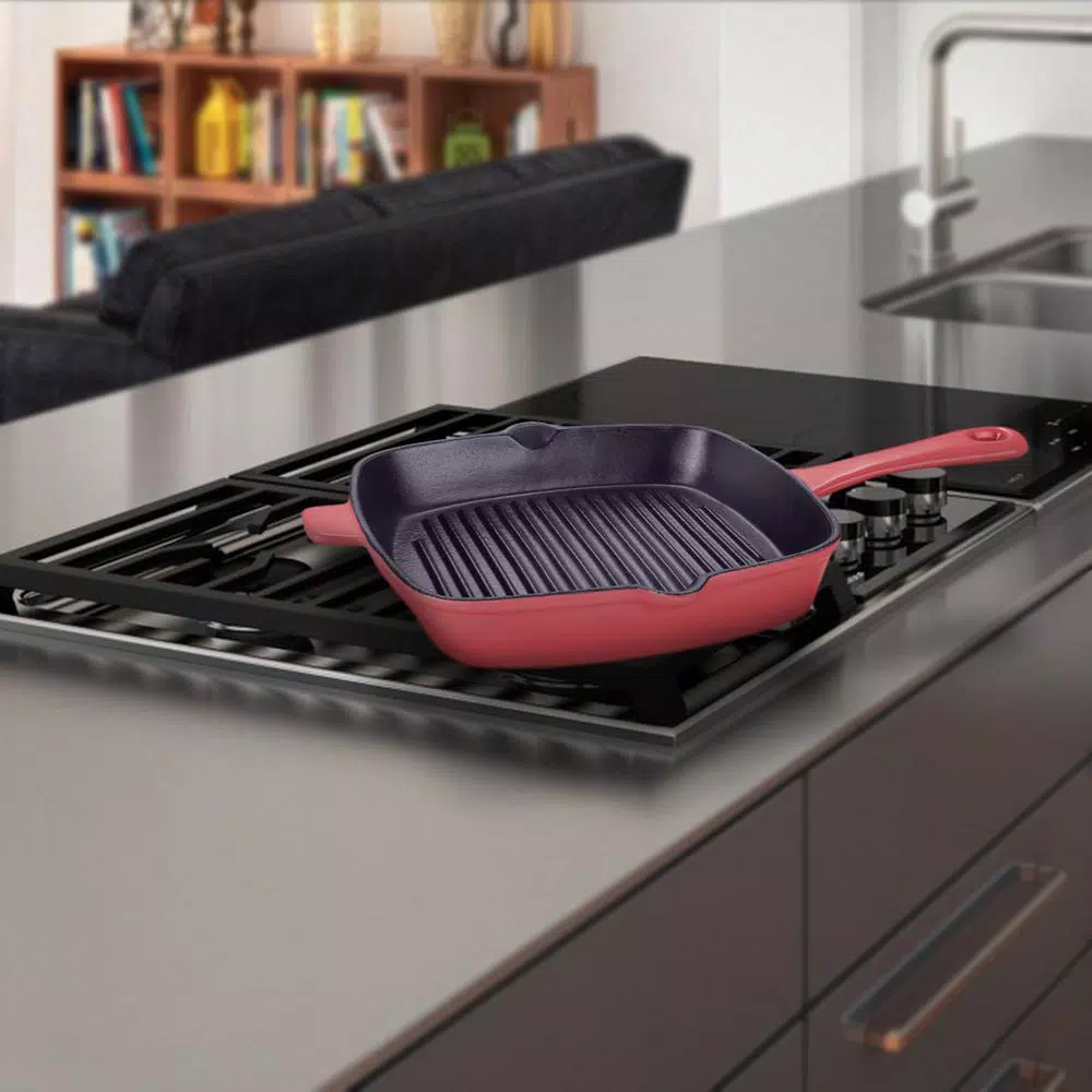 AMERCOOK LA PLURIEL 10 in. Enameled Cast Iron Nonstick Grill Pan, Red