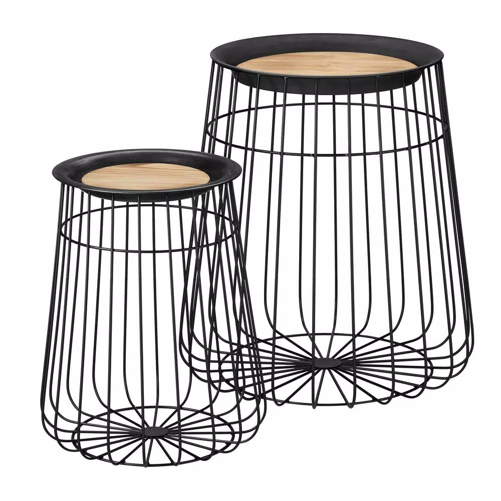 Home Decorators Collection Round Black Metal Decorative Basket Set with Wood Lid, Set of 2