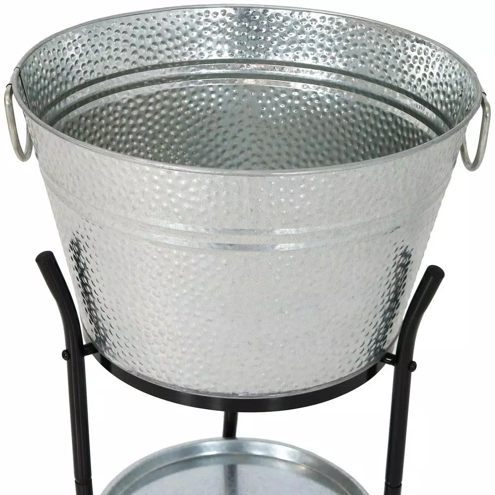 Sunnydaze Decor Pebbled Galvanized Steel 5-Gallon Ice Bucket Drink Cooler with Stand and Tray