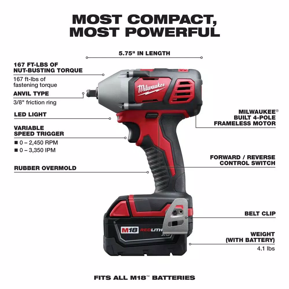 Milwaukee M18 18V Cordless 3/8 in. Compact Impact Wrench Kit with (2) 3.0 Ah Batteries, Charger, and Hard Case