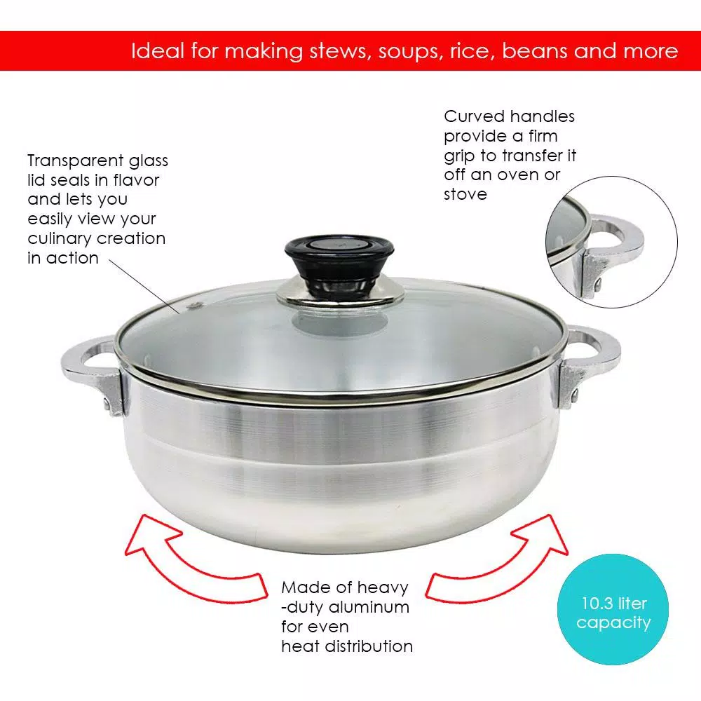 Home Basics 11.3 Qt. Aluminum Caldero with Glass Lid, Heavy Duty Multi-Pot