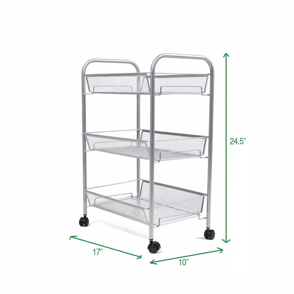 Mind Reader 3-Tier Rolling Silver Metal Mesh Storage Cart with 360° Casters