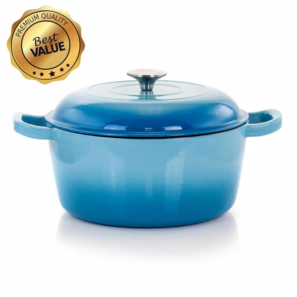 MegaChef 5 Qt. Round Enameled Cast Iron Casserole Dish with Lid, Blue