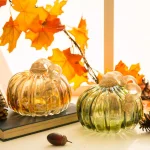 Glitzhome Set of 2 Green and Amber Crackle Glass Short Pumpkins, 4.72 in. Handmade Fall Decor thumbnail 8