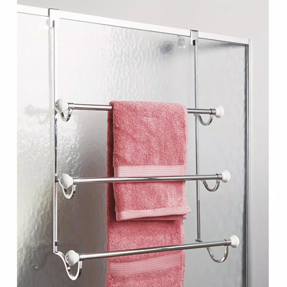 interDesign York Over Shower Door Towel Rack, 3-Bar Stainless Steel Organizer in White and Chrome