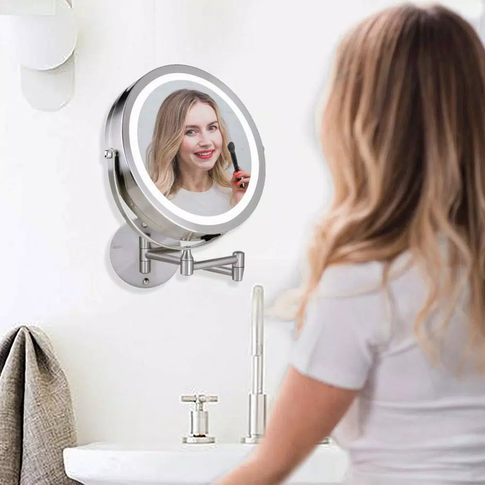 Ovente 13.2 in. Wall Mount LED Vanity Mirror, 1x/7x Magnification, Brushed Nickel