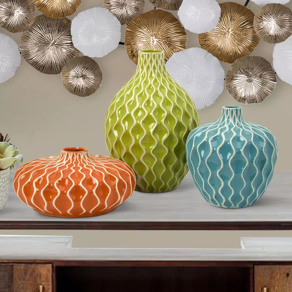 Benjara Agatha Colorful Ceramic Decorative Vases, Set of 3, Modern Table Vases