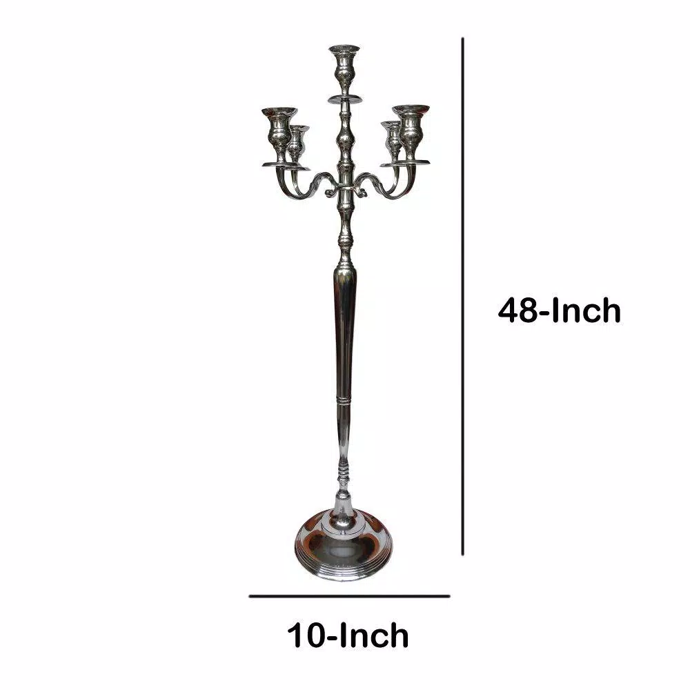 Benjara 48-Inch Silver Handcrafted Aluminum 5-Arm Candelabra with Fluted Tops