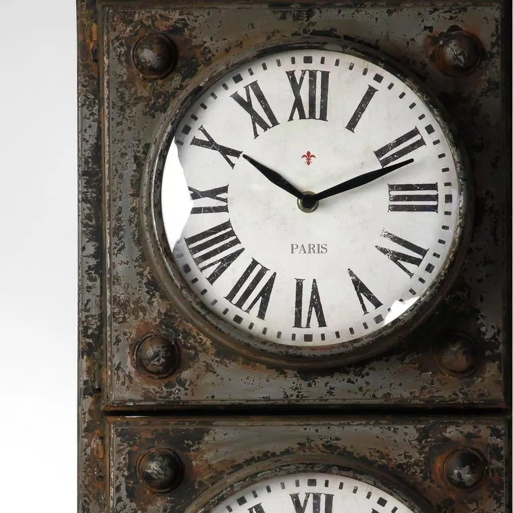 Zentique Antique Grey Metal Floor Clock with 3 Clock Faces and Hidden Storage