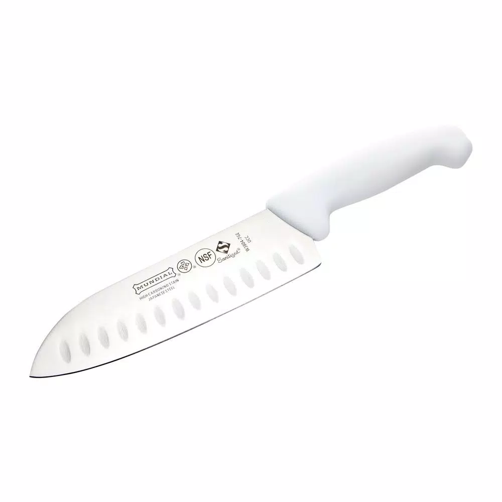 Mundial 3800 Series 7 in. Santoku Knife with Hollow Edge and Antimicrobial White Handle