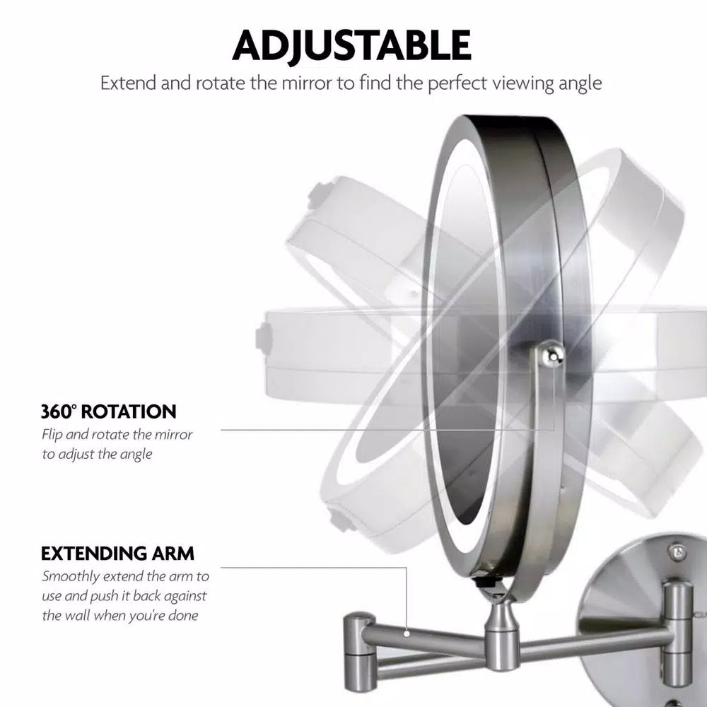 Ovente 13.2 in. Wall Mount LED Vanity Mirror, 1x/7x Magnification, Brushed Nickel