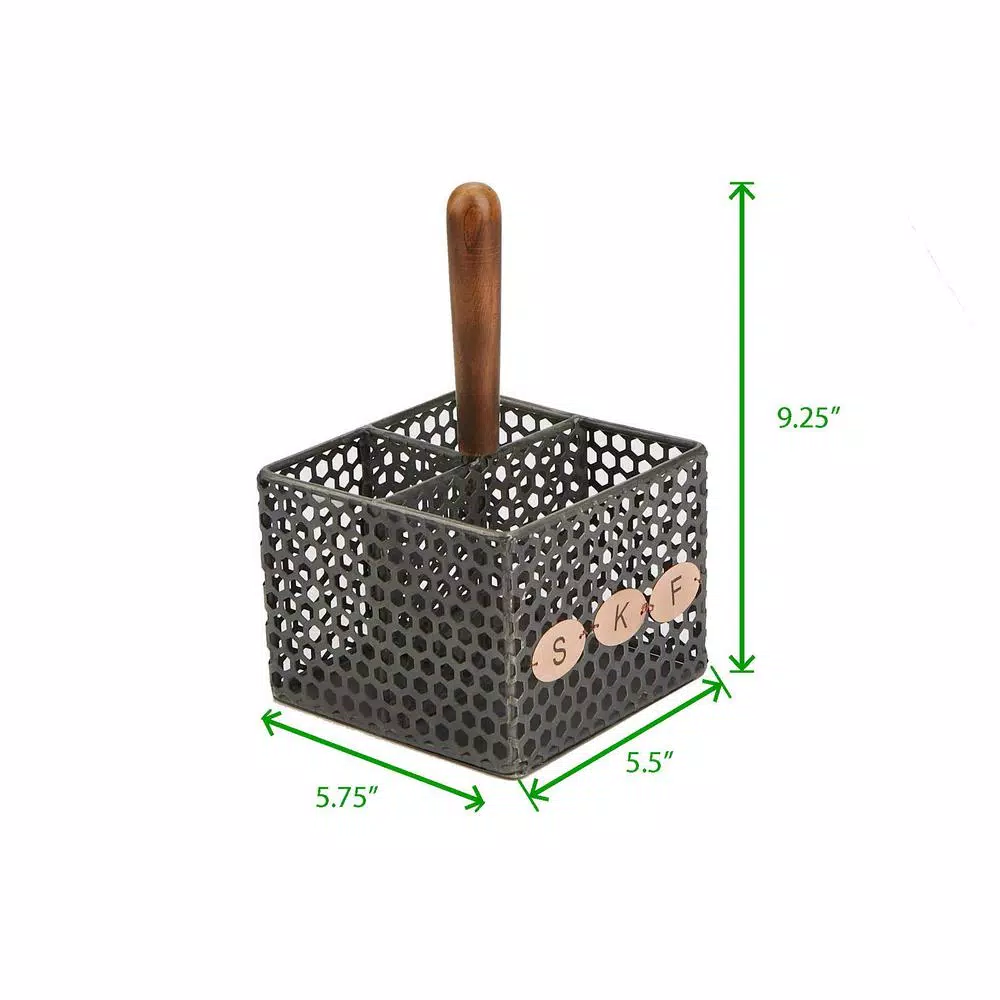 Mind Reader Black Metal 4-Compartment Utensil Basket with Wood Handle - Flatware & Cutlery Organizer