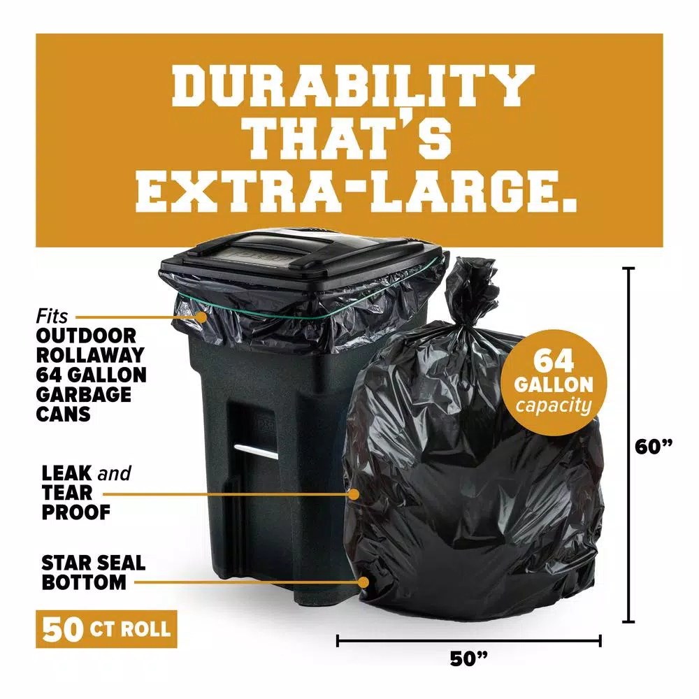 Plasticplace 65 Gallon Toter Compatible Trash Bags, 2 Mil Thick, Black, 50 Count Case