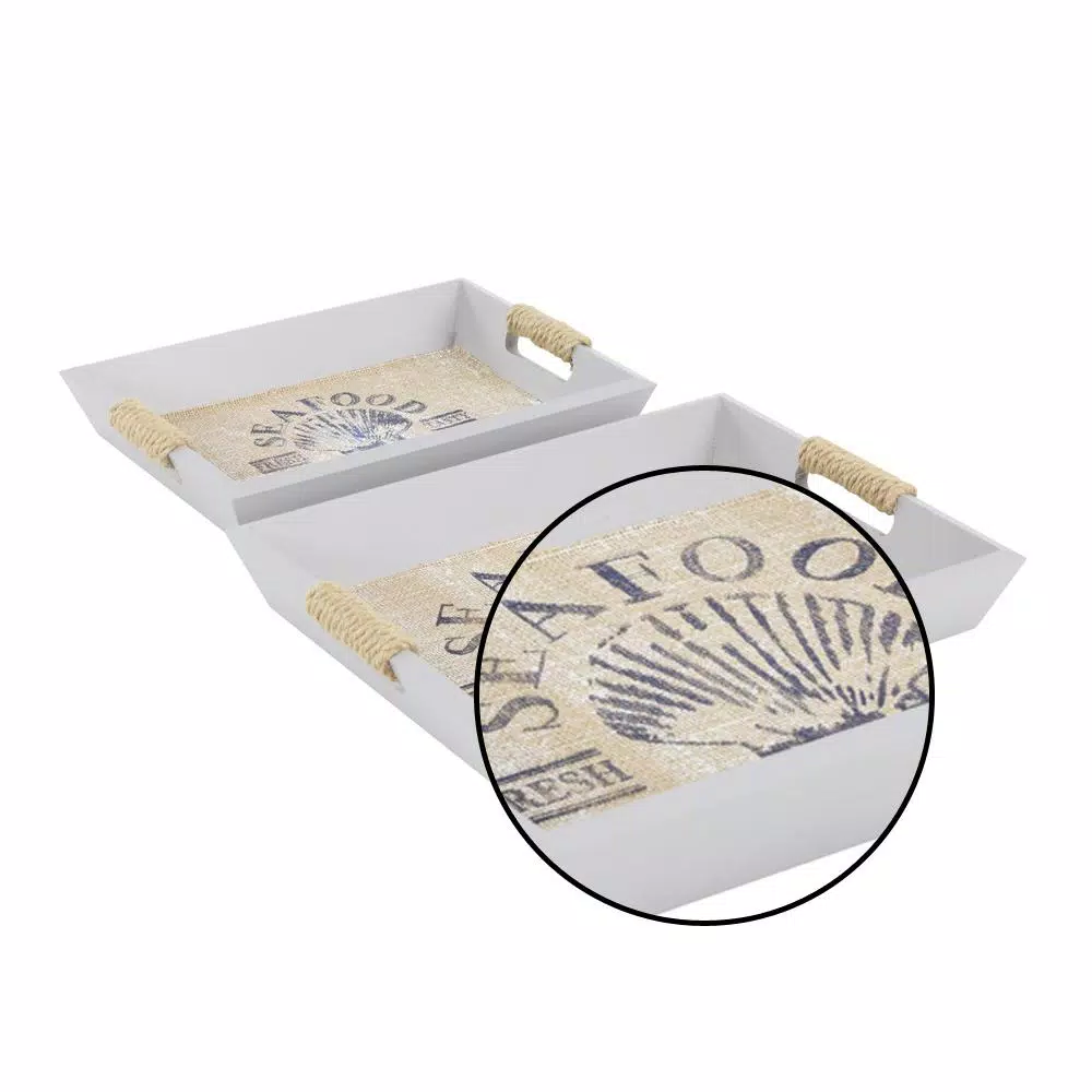 LITTON LANE Coastal Living Wooden Seafood Decorative Trays, Set of 2, White & Light Brown