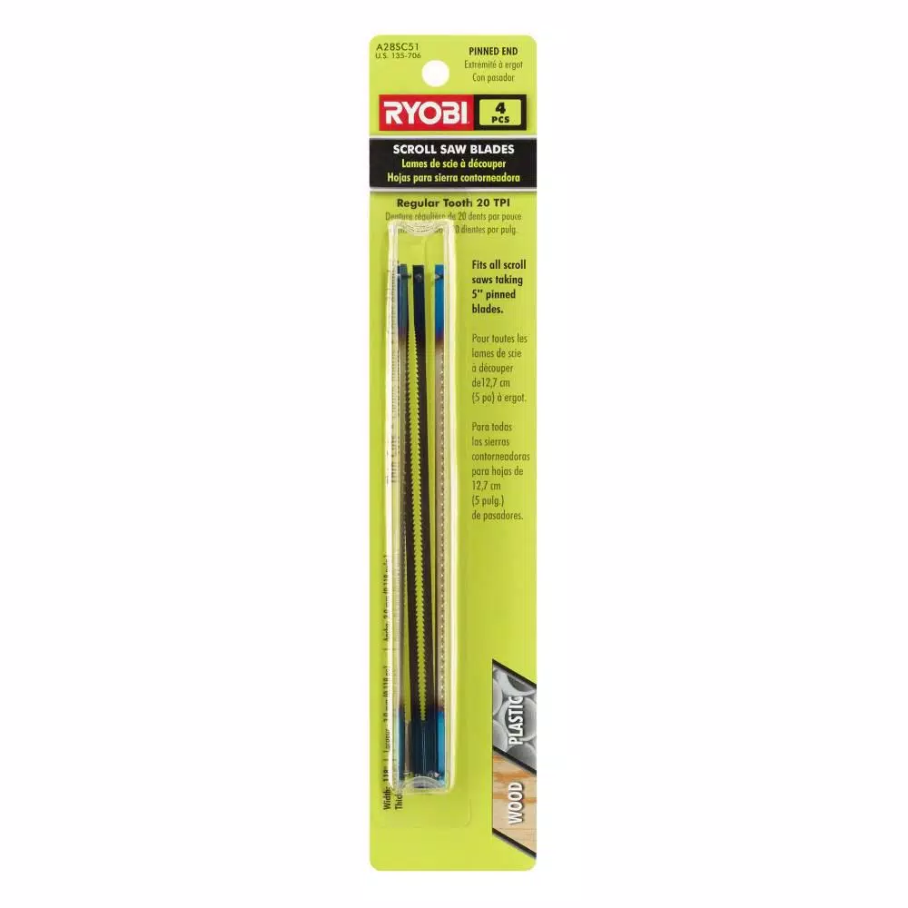 RYOBI 4-Piece Regular Tooth Scroll Saw Blades, 20 TPI, High Carbon Steel