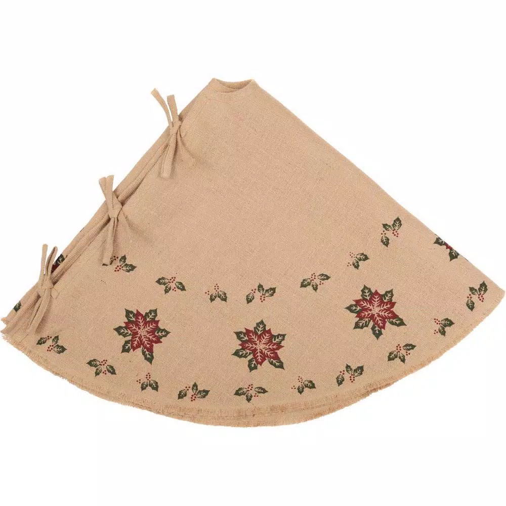 VHC Brands 48 in. Jute Burlap Poinsettia Tree Skirt - Natural Tan Holiday Decor