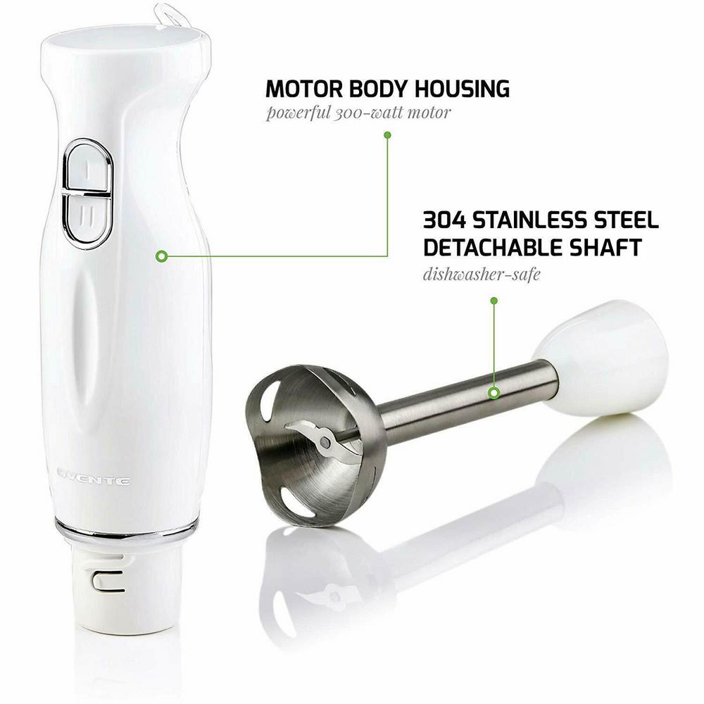 Ovente HS560 300W Immersion Hand Blender, 2-Speed Stainless Steel Stick Mixer, White