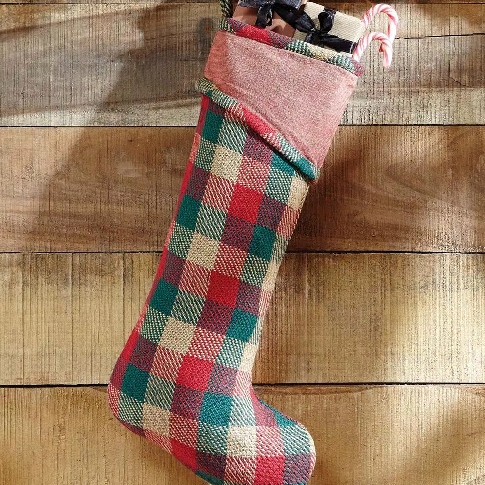 VHC Brands 20 in. Ruby Red Rustic Christmas Cotton Plaid Stocking with Cinnamon Cuff