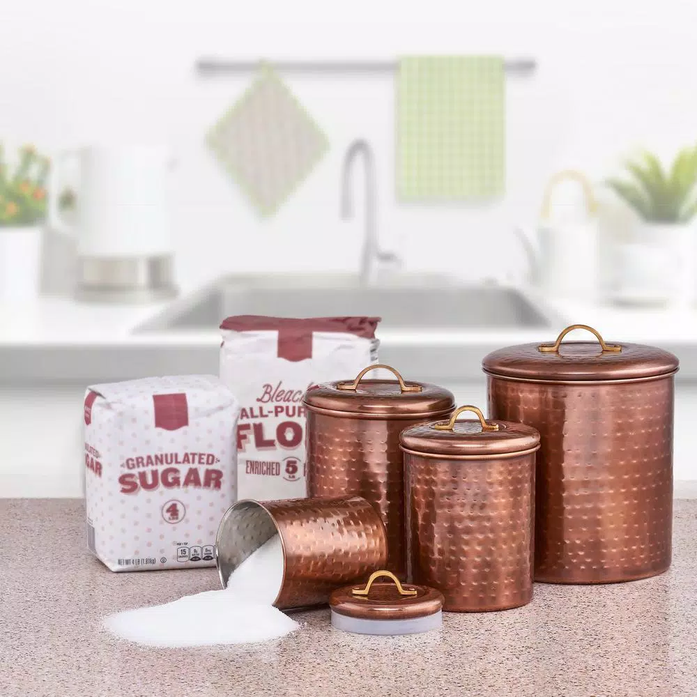 Old Dutch 4-Piece Hammered Antique Copper Canister Set with Fresh Seal Covers