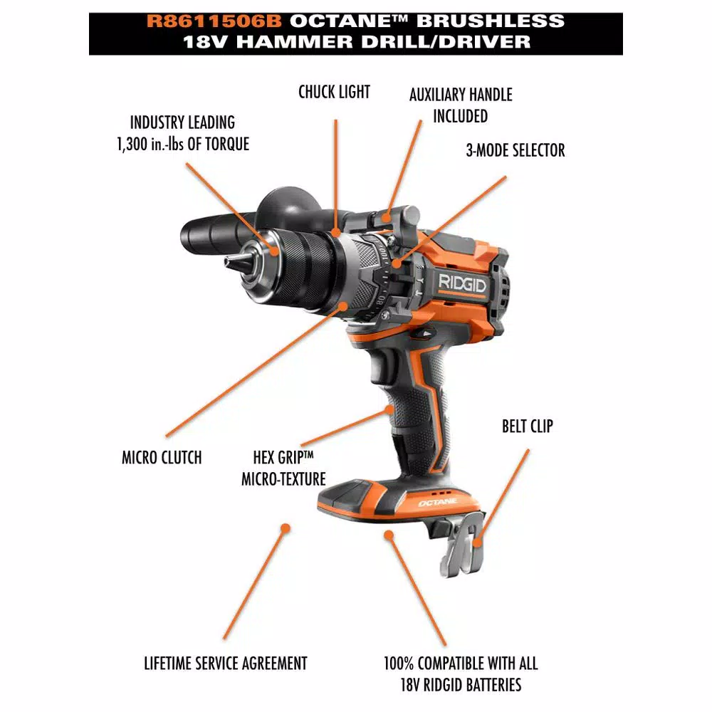 RIDGID 18V OCTANE Brushless 1/2 in. Hammer Drill Driver Kit with 1.5 Ah Battery