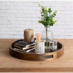 Kate and Laurel Hutton 18.25 in. Round Rustic Brown Wooden Decorative Serving Tray with Built-in Handles thumbnail 4