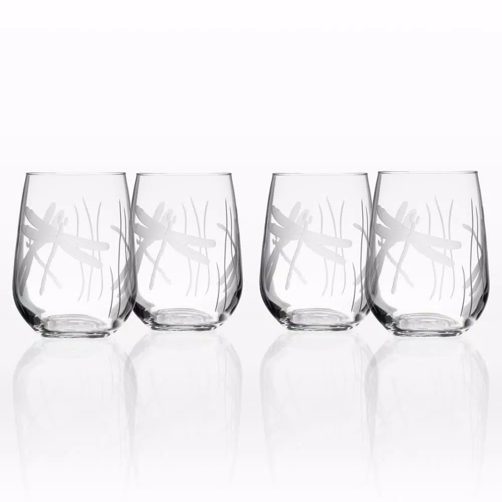 Rolf Glass Dragonfly 17 oz. Etched Stemless Wine Glass Set of 4, Clear Glassware