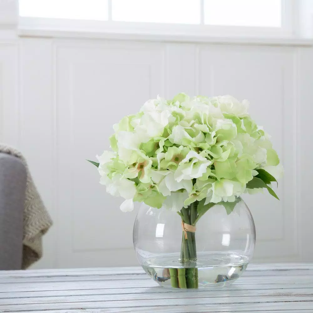 Pure Garden 9 in. Green Hydrangea Floral Arrangement in Glass Vase