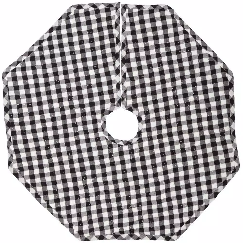 VHC Brands Emmie 21 in. Black and White Patchwork Christmas Tree Skirt, Hand-Quilted Cotton