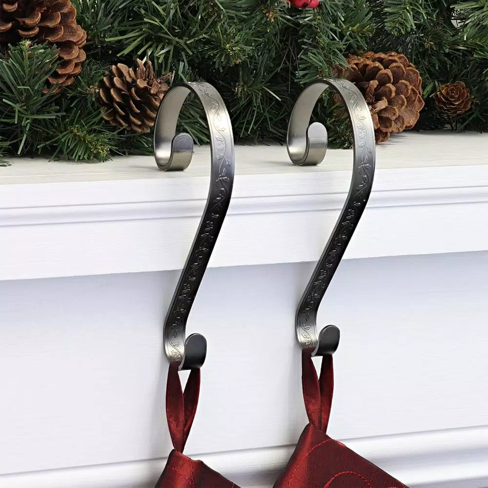 Haute Decor Pewter Holly Embossed Stocking Holders, Scroll Design (2-Pack)