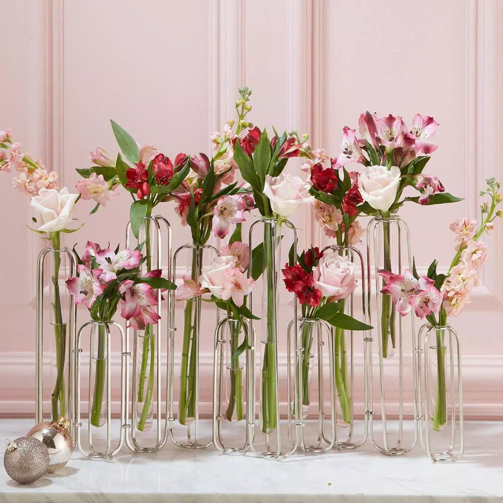 Two's Company Lavoisier Gold Stainless Steel and Glass Hinged Flower Vases, Set of 10