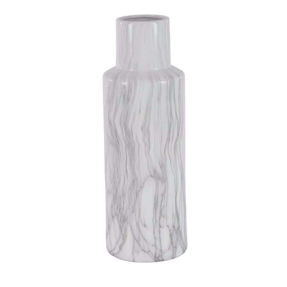 LITTON LANE 21 in. Classic Marble Cylinder White Ceramic Decorative Vase with Gray Veining