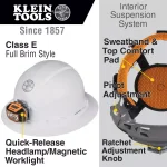 Klein Tools Non-Vented Full Brim Hard Hat with Removable Headlamp, Class E, Type 1, White thumbnail 2