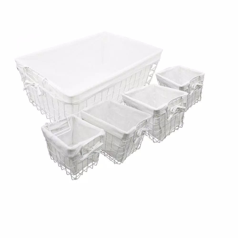 Admired By Nature Vintage Metal Storage Basket Set of 5 with White Cotton Fabric Liners